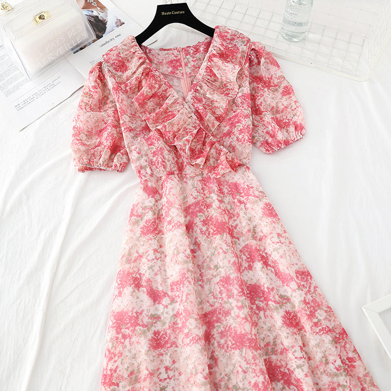 New style slim waist, gentle wind, broken Flower Chiffon French dress  4529