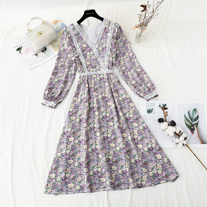 New Chiffon print lace stitching fairy temperament small skirt  4851