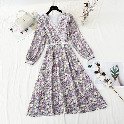 New Chiffon print lace stitching fairy temperament small skirt  4851