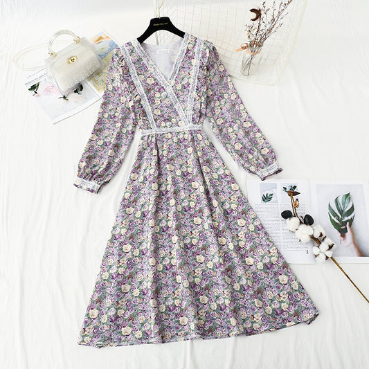 New Chiffon print lace stitching fairy temperament small skirt  4851