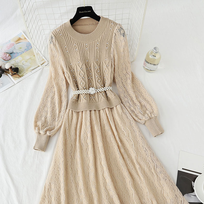 Knitted dress women's super fairy lace Plush stitched wool dress  4439