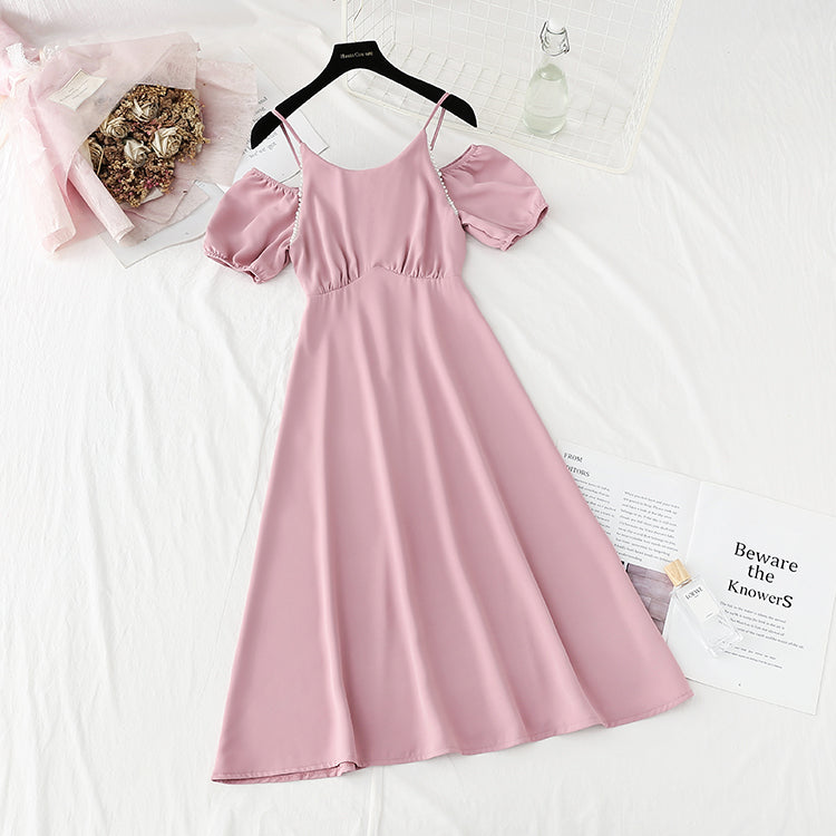 New French pearl off shoulder sling small skirt Bubble Sleeve Chiffon Skirt  4870