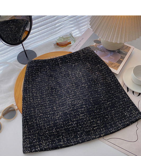 Nouvelle jupe taille haute en tweed doré rétro français coréen 5294