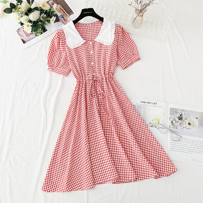 Skinny belly covering lace up French doll neck plaid skirt  4902