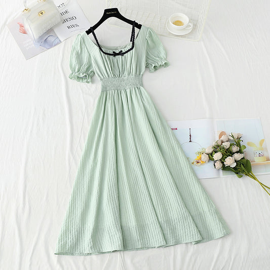 New French retro long skirt small fresh bubble sleeve fairy skirt  4904