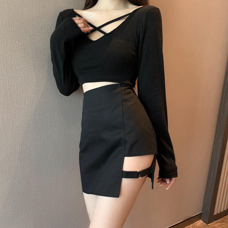 Irregular skirt, spring/summer, new style, high-waisted skirt, black bodycon skirt  3650