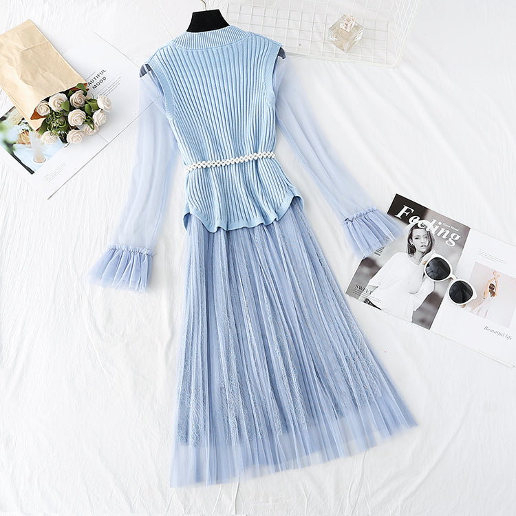 Xiaoxiangfeng suit knitted sweater mesh skirt  3805