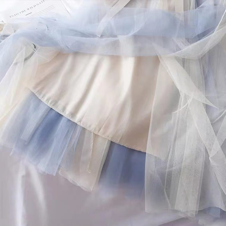 Jupe bouffante taille haute en maille fine, nœud papillon, super fée, jupe mi-longue assortie aux couleurs 3601