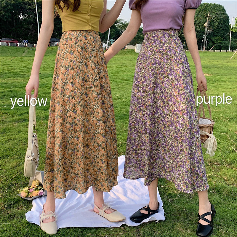 Midi floral skirt, new style, high waist, drawstring fishtail A-line skirt  3652