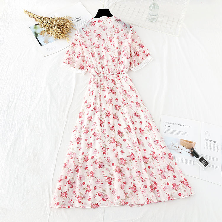 New soft wind floral skirt, slim waist, French minority dress  4643