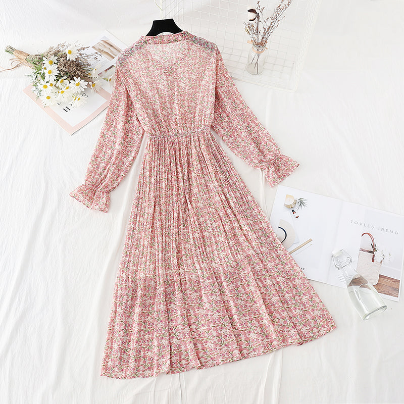 New Chiffon bow pleated skirt elastic waist thin age reducing Floral Dress  4807