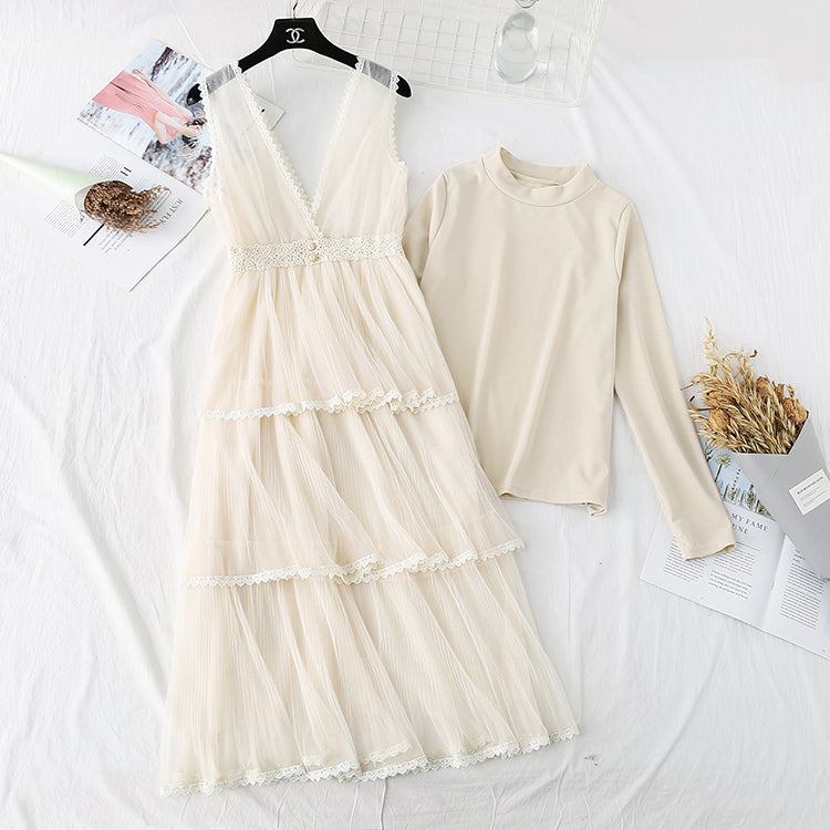 Japanese gentle wind mesh dress two-piece set 4377