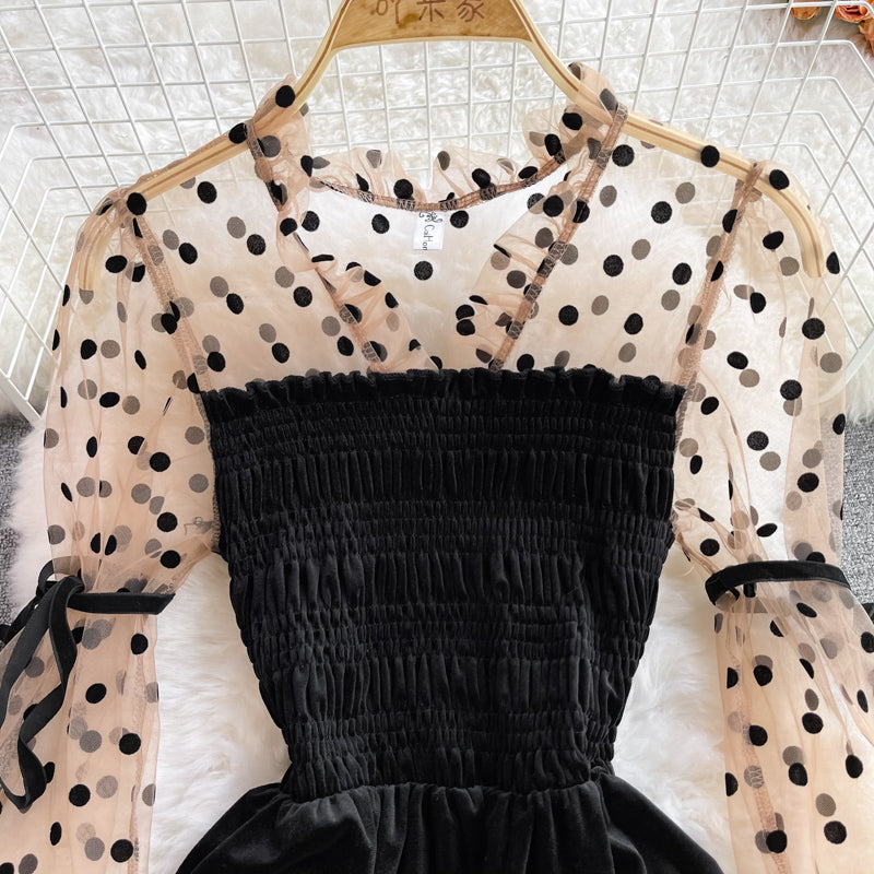 Design sense stitched mesh wave point waist large swing long skirt  3774