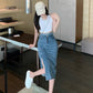 Split denim skirt, high waist, temperament bodycon skirt  3571