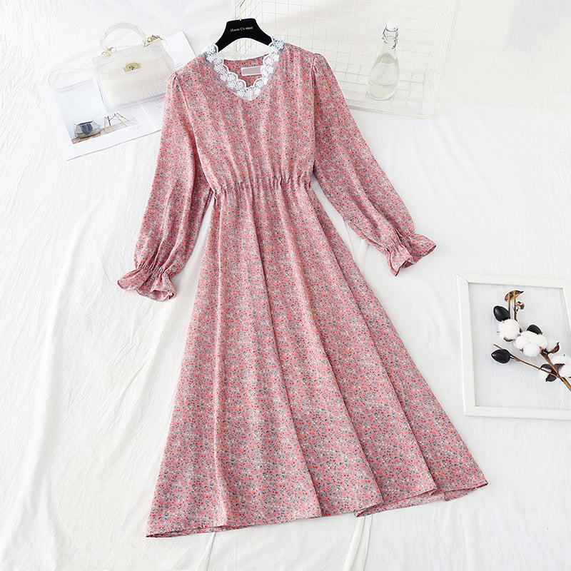 Korean cut waist lace up floral dress looks thin and bottomed skirt  4840