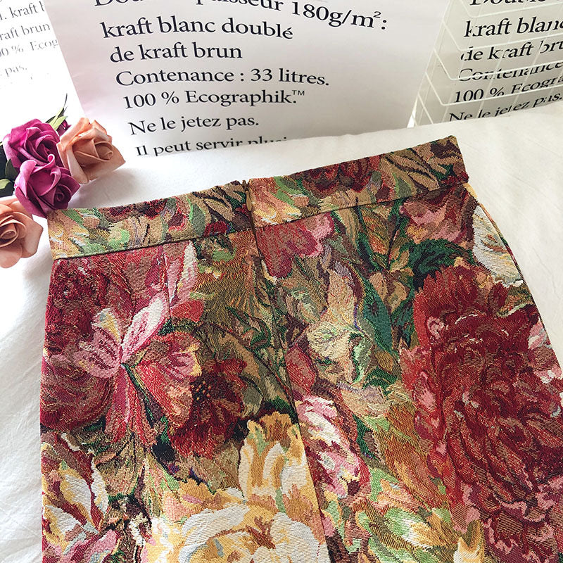 Spring and Autumn, elegant oil painting painted flowers, high-waisted skirts, A line buttocks skirt  3664