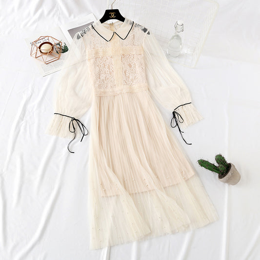 Lace mesh dress trumpet sleeve nail bead sling  4323