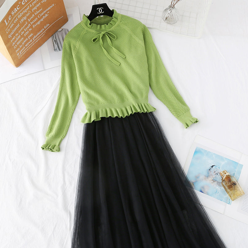 Ruffle knit dress suspender mesh skirt  4360