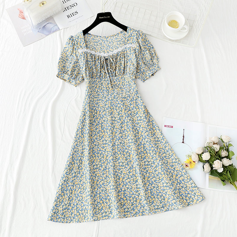 New style gentle wind sweet square collar lace temperament small skirt  4860