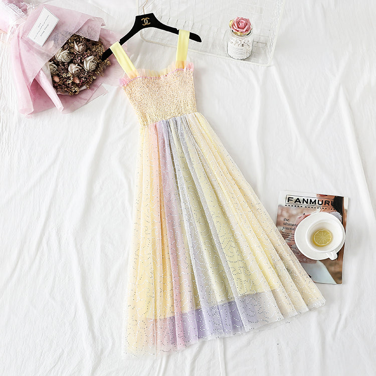 Rainbow seven color suspender dress  4299