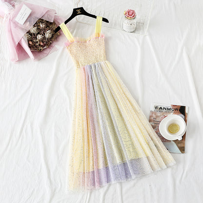 Rainbow seven color suspender dress  4299