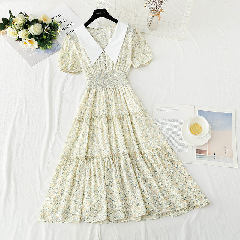 New doll collar skirt bubble sleeve floral medium length skirt  4877