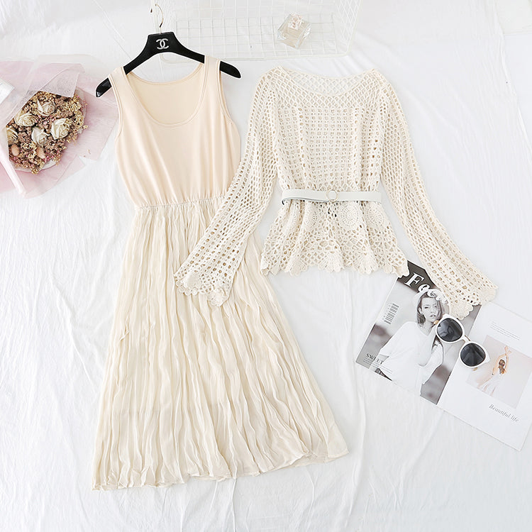 Hollowed out lace blouse Chiffon Dress  4010