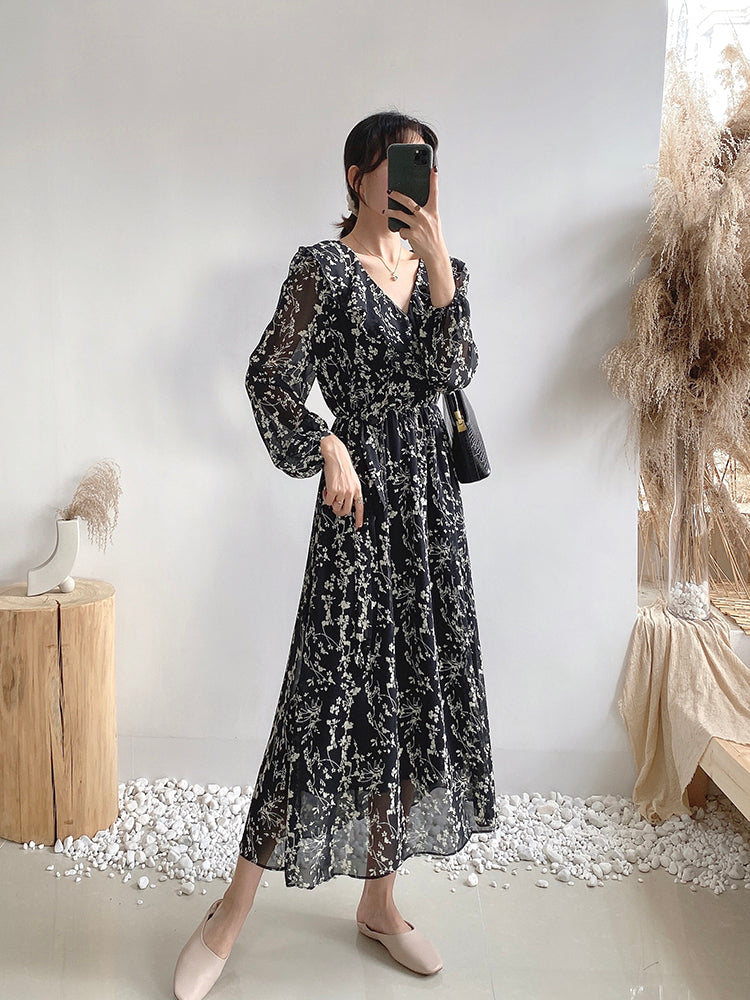 Retro High Waist over knee thin Chiffon Dress  3882