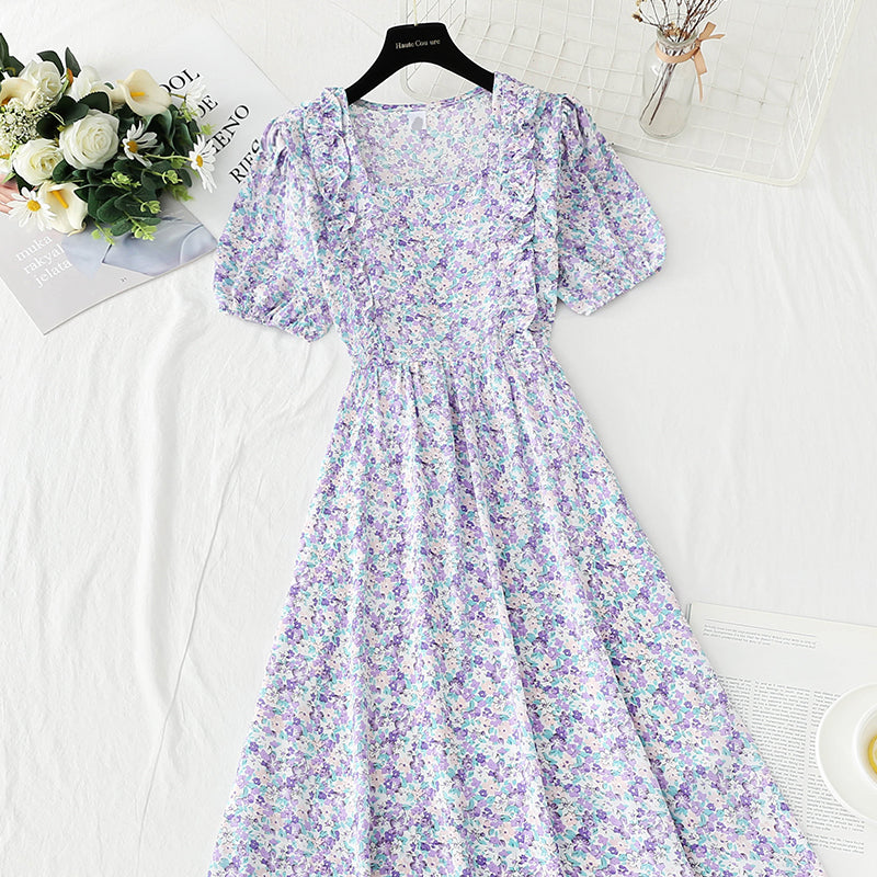 French first love sweet square neck bubble sleeve tea break skirt  4890