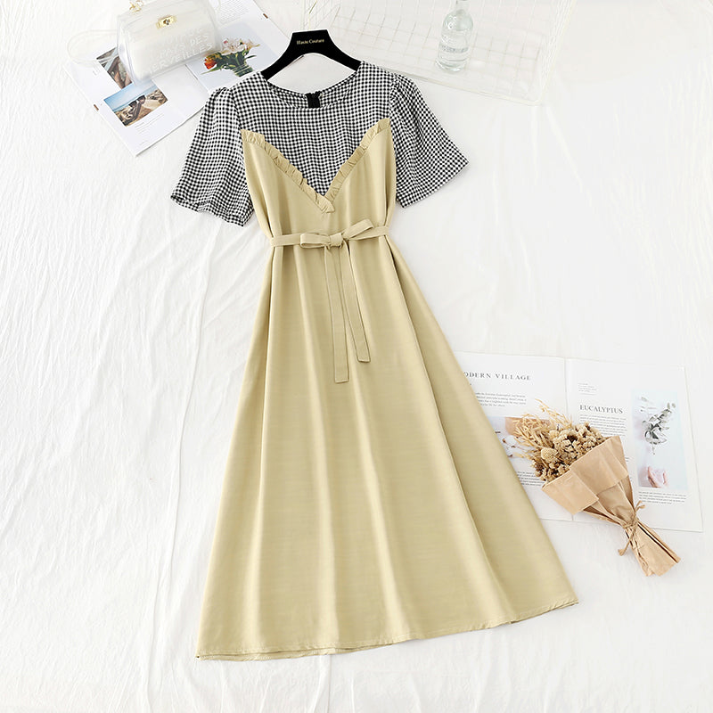 New stitched fake two piece dress women's French dress  4636