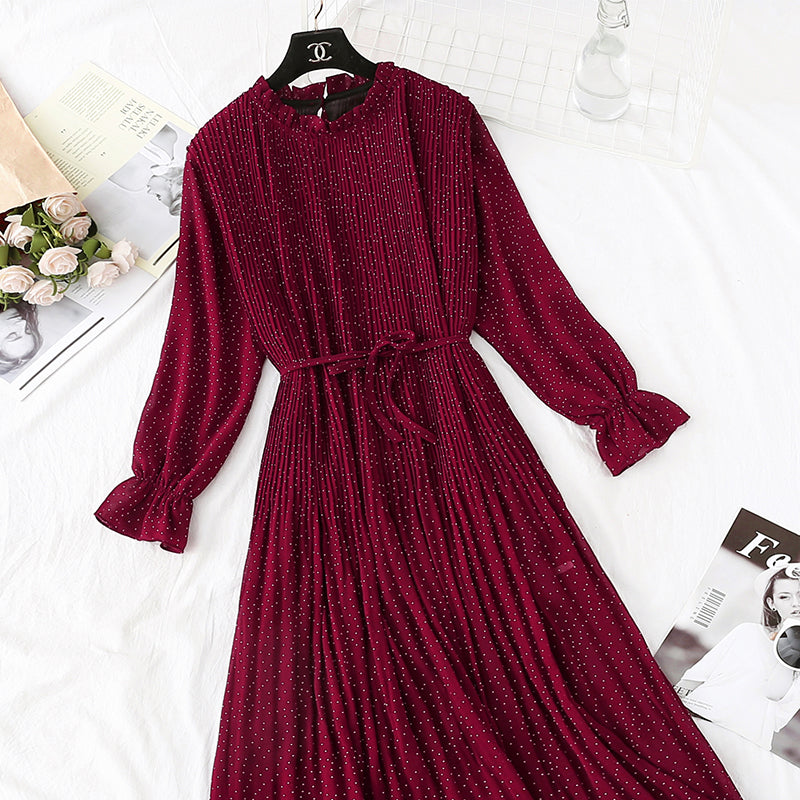 Sanfter Wind Französisches Retro-Chiffonkleid mit Wellenspitze Damen 3986