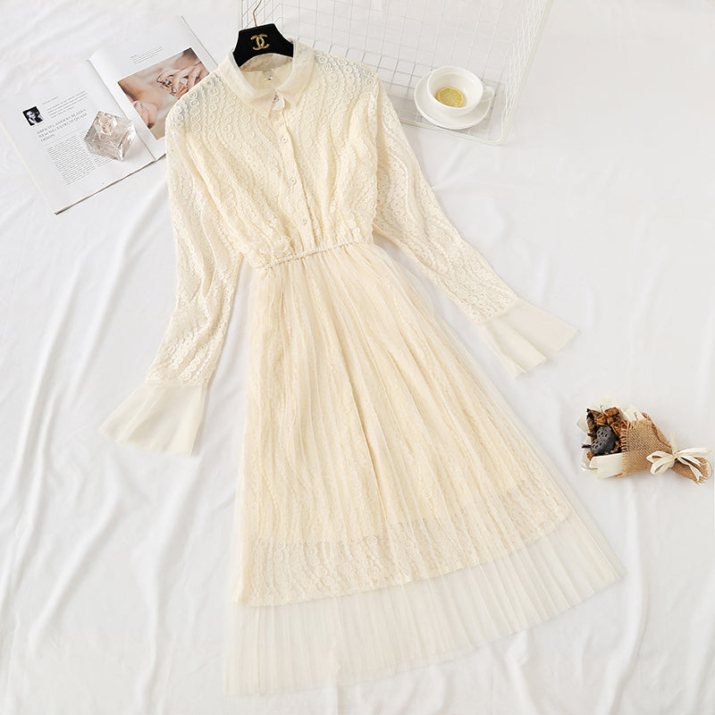 Lace mesh dress French super fairy knee length skirt  4365