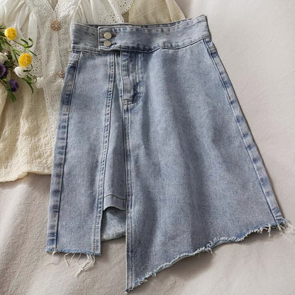 Irregular split edge light colored denim skirt, summer chic, hip wrap A-line skirt  3665