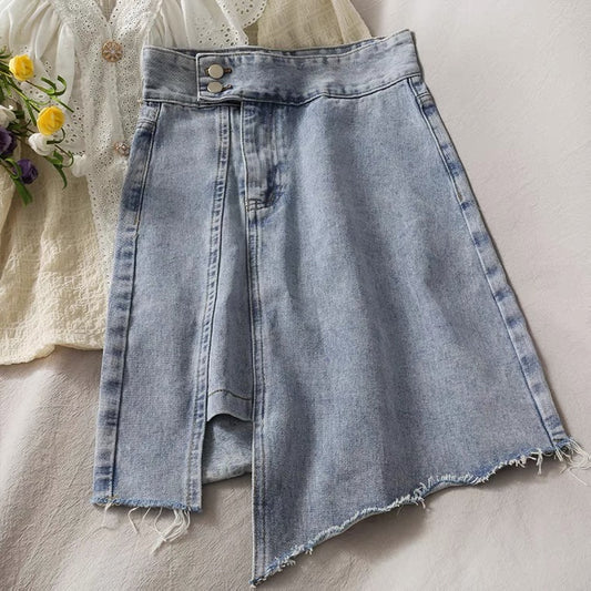 Irregular split edge light colored denim skirt, summer chic, hip wrap A-line skirt  3665