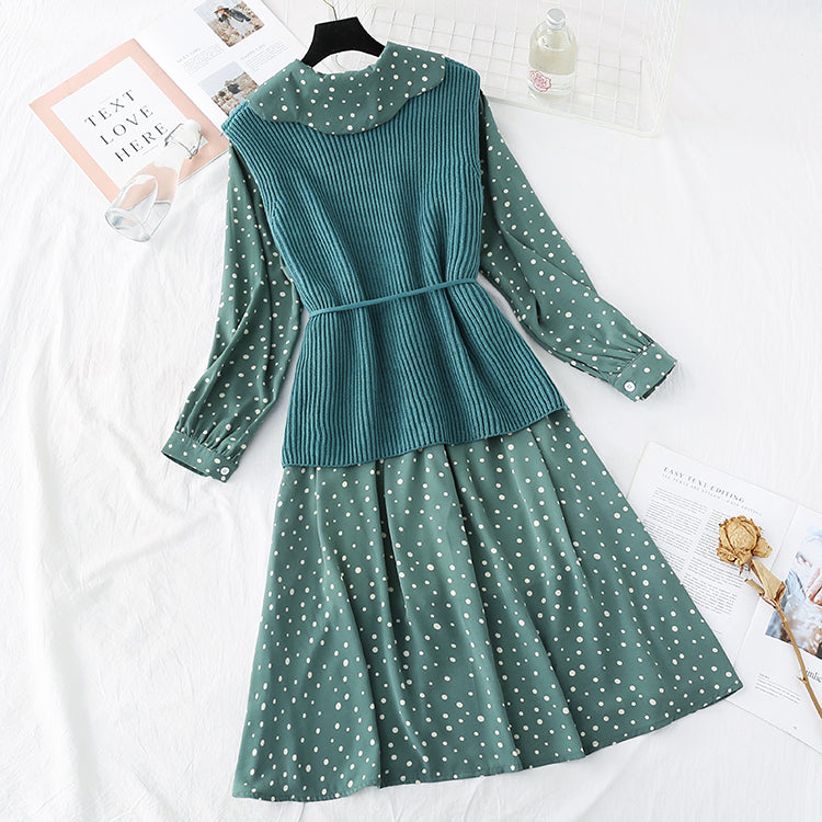 Knitted vest Sen sweater sweet wave point Chiffon Skirt Set two-piece set  3991