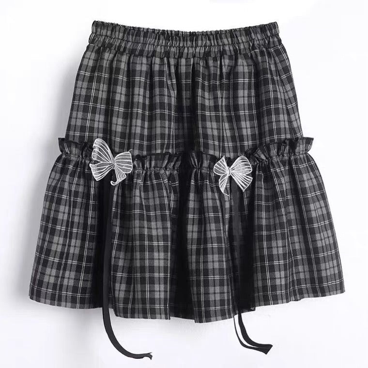 Black plaid skirt, students-loose cute cake lace skirt with bowknot  3608