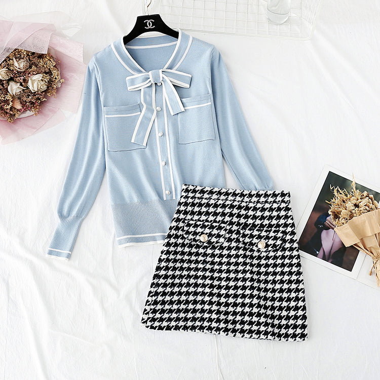 Knitwear + tweed skirt two piece dress   3951