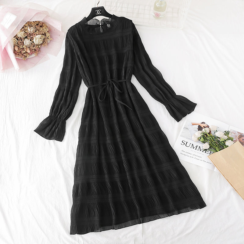 Slim Pleated Chiffon Dress French retro Platycodon skirt  4500