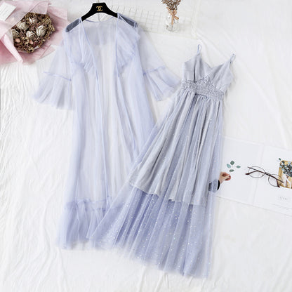 Sequin mesh dress suspender skirt two piece suit  4478