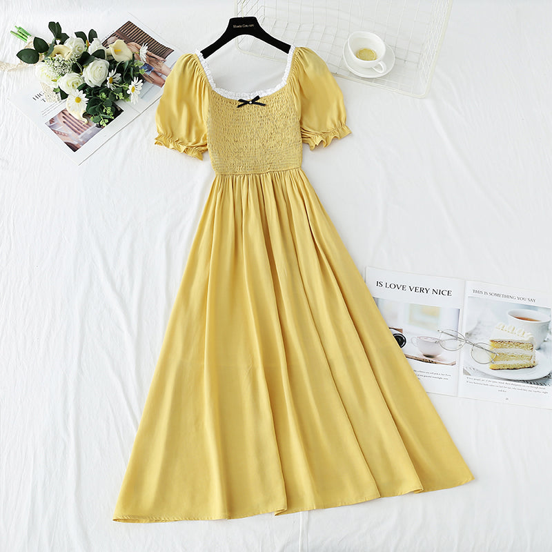 French retro dress square neck bubble sleeve lace edge  4271