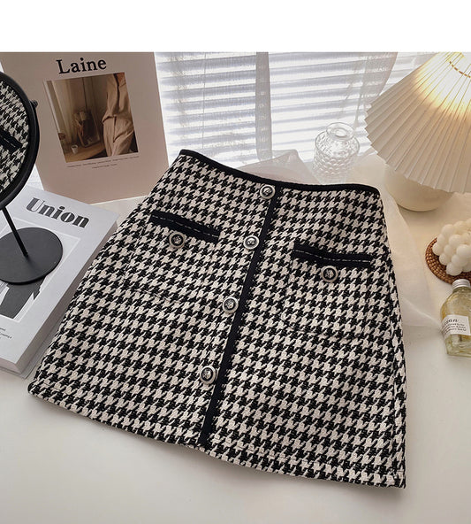 Jupe trapèze taille haute à carreaux oiseaux 5281