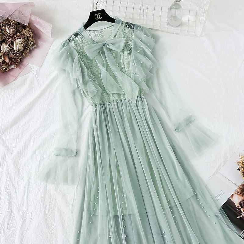 New nail bead lace up French retro super xiansen sweet skirt  4452