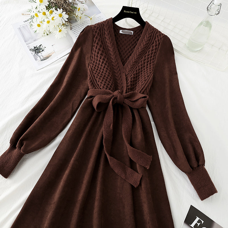 New V-neck twist knit stitched bubble sleeve knee length small black skirt  4760