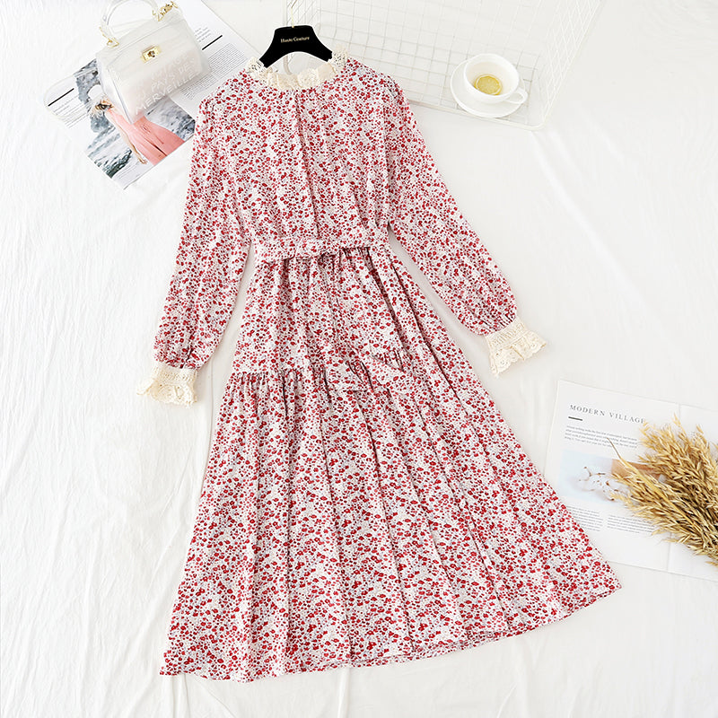 Retro waistband, slim temperament, gentle wind, Long Sleeve Chiffon Skirt  3893
