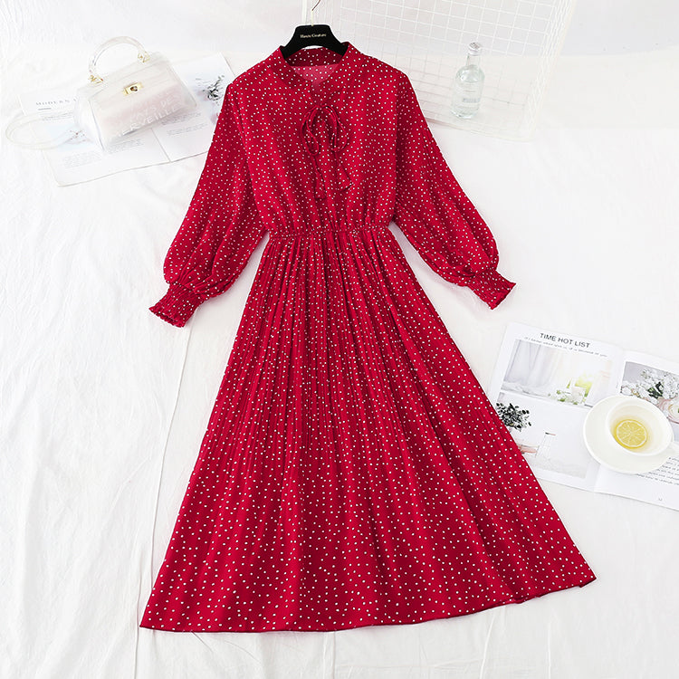 Chiffon Vintage wave point pleated knee bottom skirt  3845