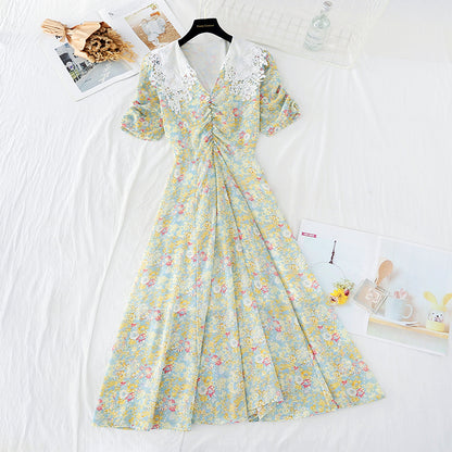 New lace Lapel temperament goddess style waist closing thin French long skirt  4630