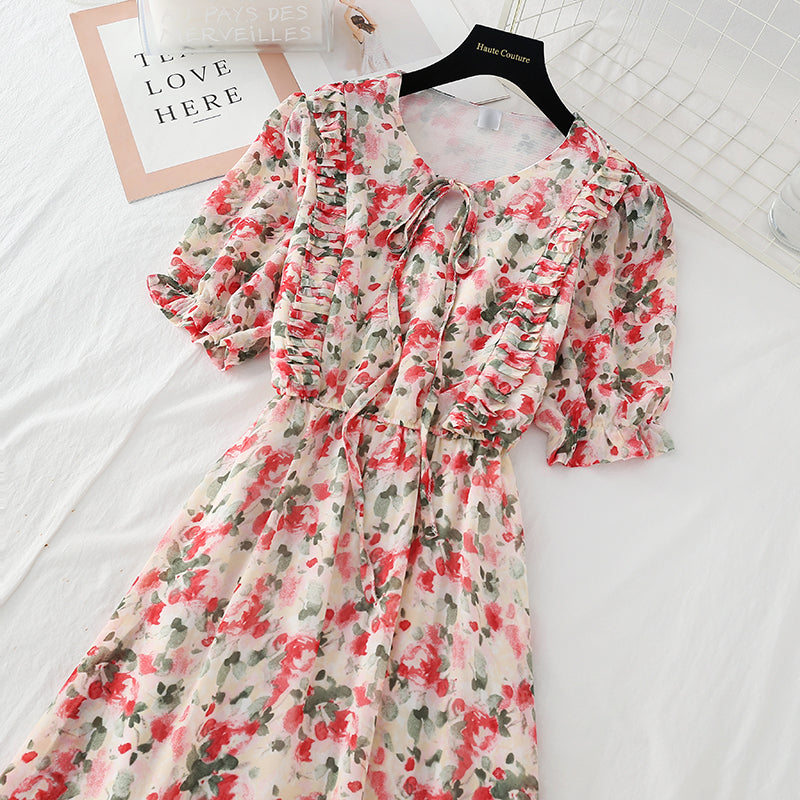 New gentle wind fairy waist closing thin Bubble Sleeve Chiffon Skirt  4624