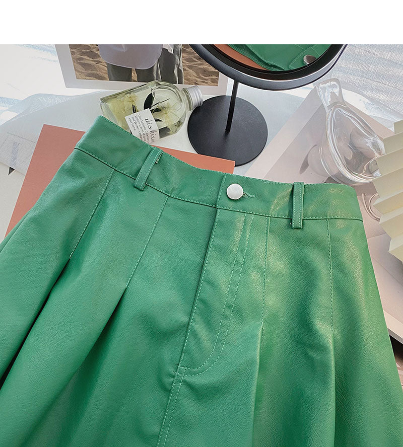 Korean slim fashion age reducing high waist pleated leather skirt  5461