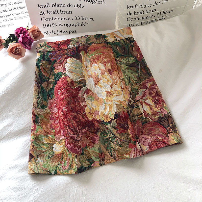 Spring and Autumn, elegant oil painting painted flowers, high-waisted skirts, A line buttocks skirt  3664