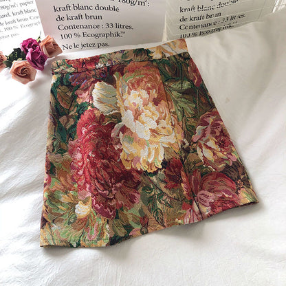 Spring and Autumn, elegant oil painting painted flowers, high-waisted skirts, A line buttocks skirt  3664